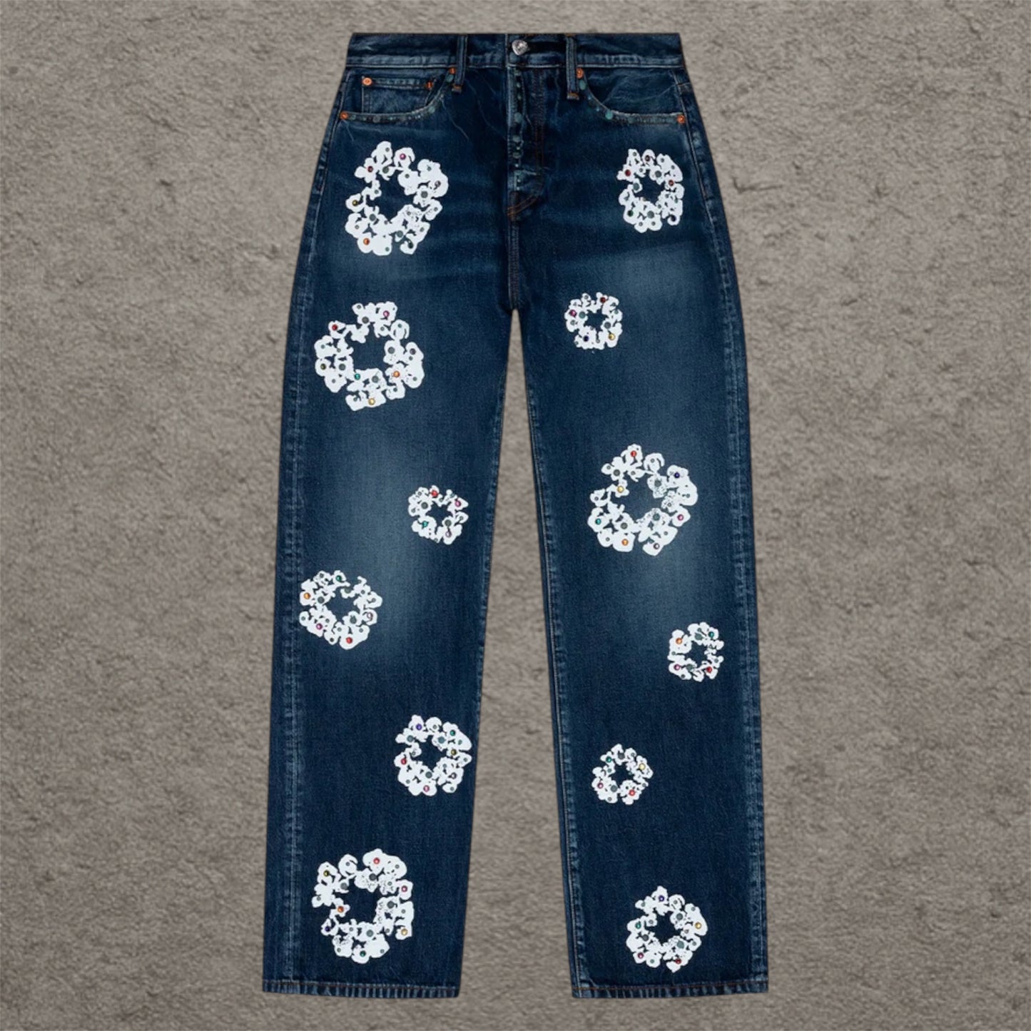 Denim Tears FW25 Baggy Dark Wash Rhinestone Cotton Wreath Rhinestone Jeans