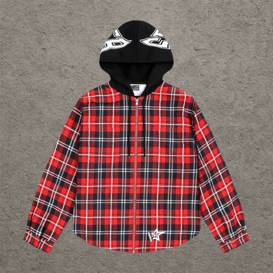 Sp5der Hooded Zip Flannel Shirt Jacket Red