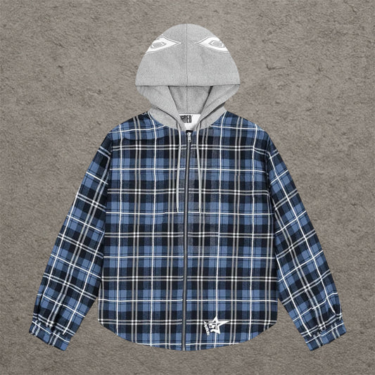 Sp5der Hooded Zip Flannel Shirt Jacket Blue
