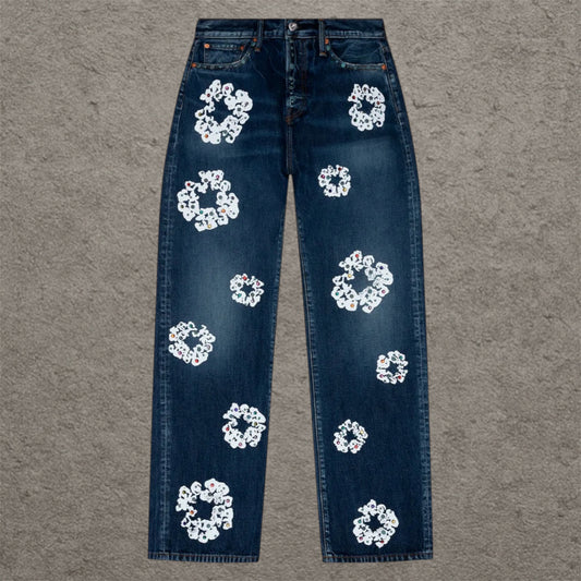 Denim Tears FW25 Baggy Dark Wash Rhinestone Cotton Wreath Rhinestone Jeans